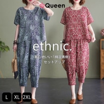 大きいサイズ レディース セットアップ アジアン 半袖Ｔシャツ 半端丈パンツ ルームウェア オーバーサイズ 夏 L LL 3L 4L 5L 6L ブルー レッド 新入荷 メール便不可 (hm6212）