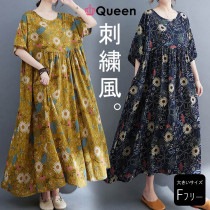 大きいサイズ レディース 花柄ワンピース オーバーサイズ ボタニカル 総柄プリント 夏 LL 3L 4L 5L 6L ネイビー マスタード 新入荷 メール便可 (56170）|2022年夏|新着