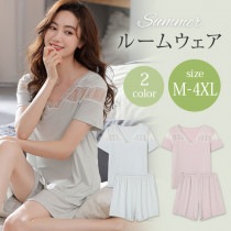 大きいサイズ レディース ルームウェア パジャマ 寝巻き 半袖Tシャツ ショートパンツ 上下セット 夏 M L LL 3L 4L 5L ピンク グリーン 新入荷 メール便可 (r220302）|202