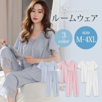 大きいサイズ レディース ルームウェア パジャマ 寝巻き 半袖Tシャツ 七分丈パンツ 上下セット 夏 M L LL 3L 4L 5L ホワイト ピンク ブルー 新入荷 メール便不可 (r220303）