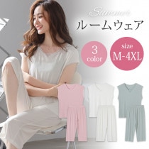 大きいサイズ レディース ルームウェア パジャマ 寝巻き フレンチシャツ 七分丈パンツ 上下セット 夏 M L LL 3L 4L 5L ホワイト ピンク グリーン 新入荷 メール便不可 (r22030