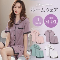 大きいサイズ レディース ルームウェア パジャマ 寝巻き 半袖 ショートパンツ 上下セット 夏 M L LL 3L 4L 5L ホワイト ピンク パープル グリーン 新入荷 メール便不可 (r2203
