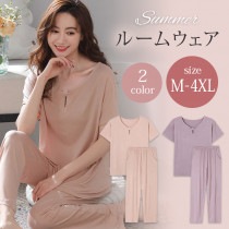 大きいサイズ レディース ルームウェア パジャマ 寝巻き 半袖Tシャツ パンツ 上下セット 夏 M L LL 3L 4L 5L ベージュ パープル 新入荷 メール便不可 (r220307）|ルームウェ