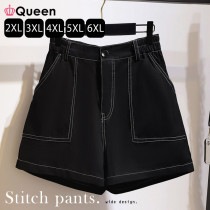 大きいサイズ レディース ショートパンツ 黒 ミニ丈 配色 ステッチ ウエストゴム 春 夏 秋 3L 4L 5L 6L 7L ブラック 新入荷 メール便可 (61378）|2022年夏|新着