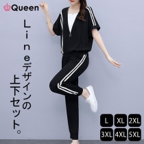 大きいサイズ レディース セットアップ ラインパンツ ジャージ 上下セット レイヤードＴシャツ 夏 L LL 3L 4L 5L 6L ブラック 新入荷 メール便不可 (c762）|2022年夏|新着