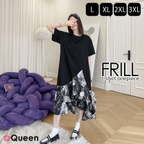 大きいサイズ レディース 裾フレアワンピース Tシャツワンピ ティアード 半袖 異素材ドッキング 黒 夏 L LL 3L 4L ブラック 新入荷 メール便可 (hm1177）|2022年夏|新着