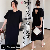 大きいサイズ レディース バックシャンワンピース 背中あき Tシャツワンピ 半袖 ストレート 黒 夏 L LL 3L 4L ブラック 新入荷 メール便可 (hm6820）|2022年夏|新着