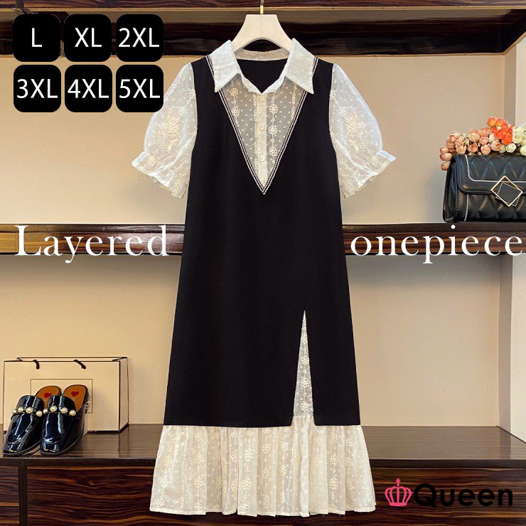 大きいサイズ レディース 重ね着風ワンピース シアーブラウス パフ袖 ミニ丈 ドッキング 黒 夏 L LL 3L 4L 5L 6L ブラック 新入荷 メール便可 (c3168）