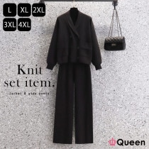 大きいサイズ レディース ニットセットアップ ワイドパンツ ニットジャケット 黒 上下セット 春 秋 冬 L LL 3L 4L 5L ブラック 新入荷 メール便不可 (314179）|2023年春|新