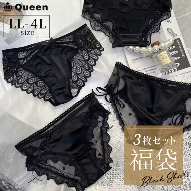 大きいサイズ レディース 福袋 ショーツ 黒 ３枚セット セクシー レース シアー パンティー LL 3L 4L 新入荷 メール便可 (fukushob3)
