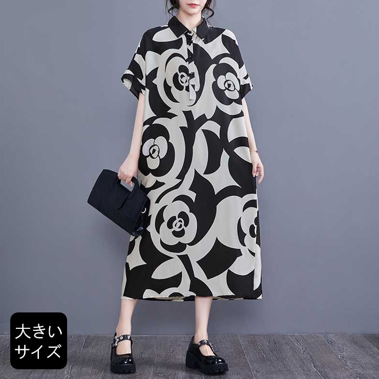 シャツワンピ 花柄 レディース カメリア 半袖 ワンピース ハーフ