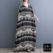 マキシワンピ アジアン柄 モノトーン Vネック ワンピース 大きいサイズ レディース (1095470）|2023年夏|新着