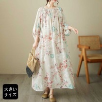 スモックワンピース 草花柄 ワイドワンピ 七分袖 春 夏 秋 大きいサイズ レディース (688886）|2023年秋|新着
