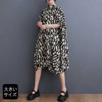 シャツワンピ ロングブラウス レディース オーバーサイズ ポンチョ袖 モノグラム柄 春 夏 秋 大きいサイズ (86570）|2023年秋|新着