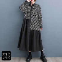 シャツワンピ 長袖 異素材切り替えワンピース オーバーサイズ 春 秋 大きいサイズ レディース (249147）|2023年秋|新着