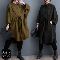 大きいサイズ レディース シャツチュニック ポンチョシャツ 長袖 無地 オーバーサイズ 秋 春 (605871）|2023年秋|新着