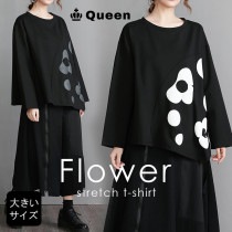 大きいサイズ レディース 長袖Tシャツ 花モチーフ イレギュラー トップス 春秋 (116281）|2023年秋|新着