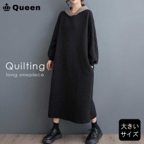 大きいサイズ レディース フーディーワンピース キルティングワンピース 体型カバー 配色フード 冬 (1209348）|2024年春|新着