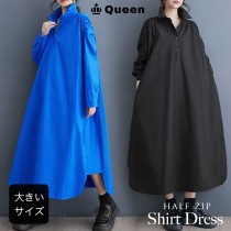 大きいサイズ レディース シャツワンピース 長袖 無地 背中見せ 肩ギャザー 春 秋 (435052）|2024年春|新着