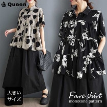 大きいサイズ レディース ティアードブラウス 半袖 フレアシャツ 花柄 水玉 夏 LL 3L 4L 5L 6L フラワー柄 ドット柄 (245069）|2024年春|新着