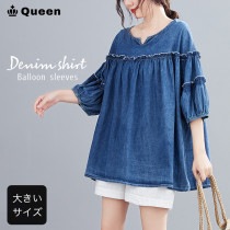 大きいサイズ レディース デニムチュニック デニムシャツ スモックブラウス 七分袖 春夏 LL 3L 4L 5L 6L ブルー (245023）|2024年春|新着