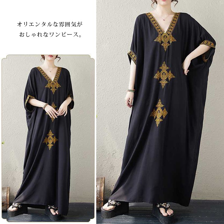 最終価格！ディーゼル❤︎マキシワンピース⭐︎総柄 ⭐︎超美品！ 大きいサイズ レディース マキシワンピース オリエンタル 黒ワンピ V