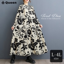 大きいサイズ ワンピース ティアードワンピ 長袖 ボタニカル モノトーン マキシ丈 レディース 春 秋 L LL 3L 4L (605587）|2025年春|新着