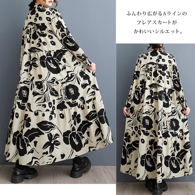 大きいサイズ ワンピース ティアードワンピ 長袖 ボタニカル