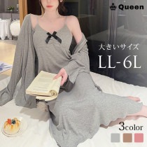 ルームウェア 大きいサイズ ワンピース カーディガン パジャマ 寝巻き ネグリジェ 長袖 無地 春 秋 LL 3L 4L 5L 6L (r2258）|ルームウェア