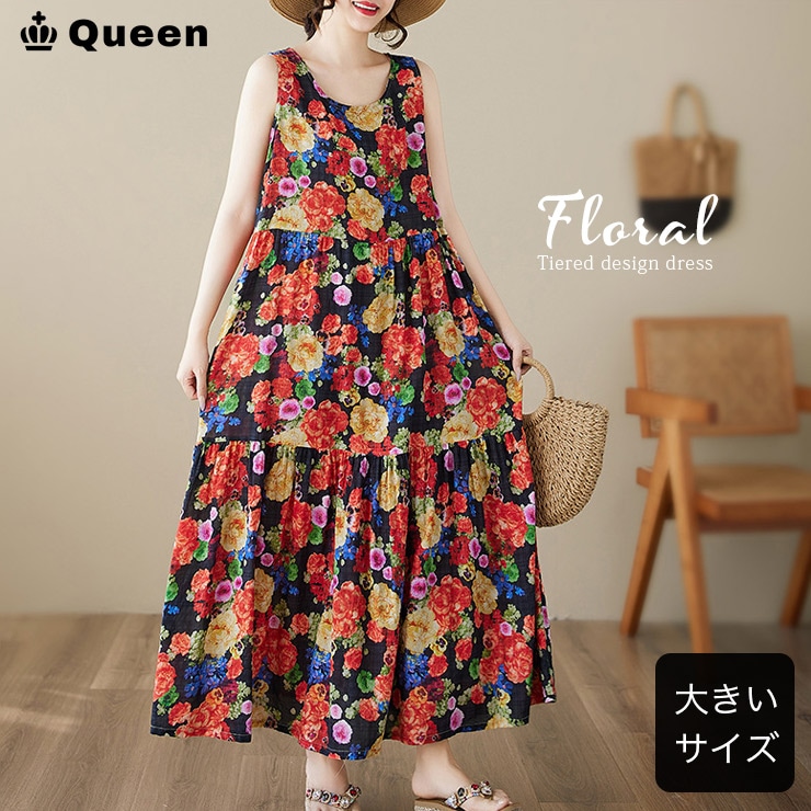 ビビットフラワーノースリーブティアードワンピース (388026）