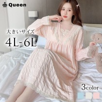胸元刺繍レース長袖ネグリジェ 4L 5L 6L (h2336）|2025年秋|ルームウェア