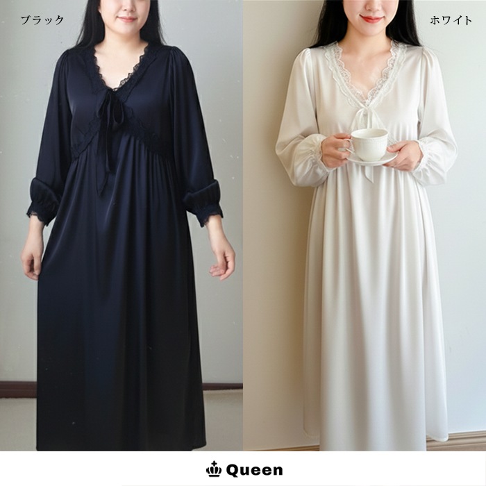 リボンつきVレースサテンネグリジェ 大きいサイズ レディース Queen (h1531）
