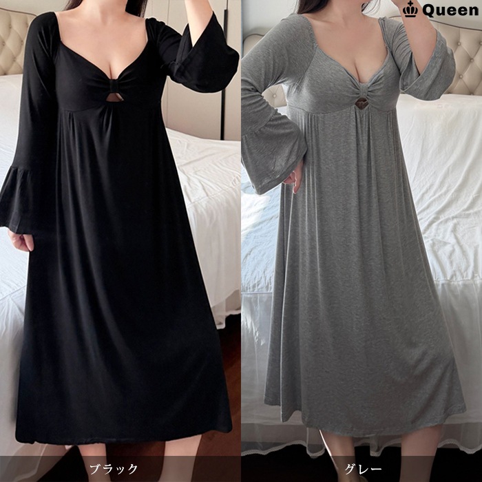 胸元リボンモチーフルームワンピース 大きいサイズ レディース Queen (h1559）