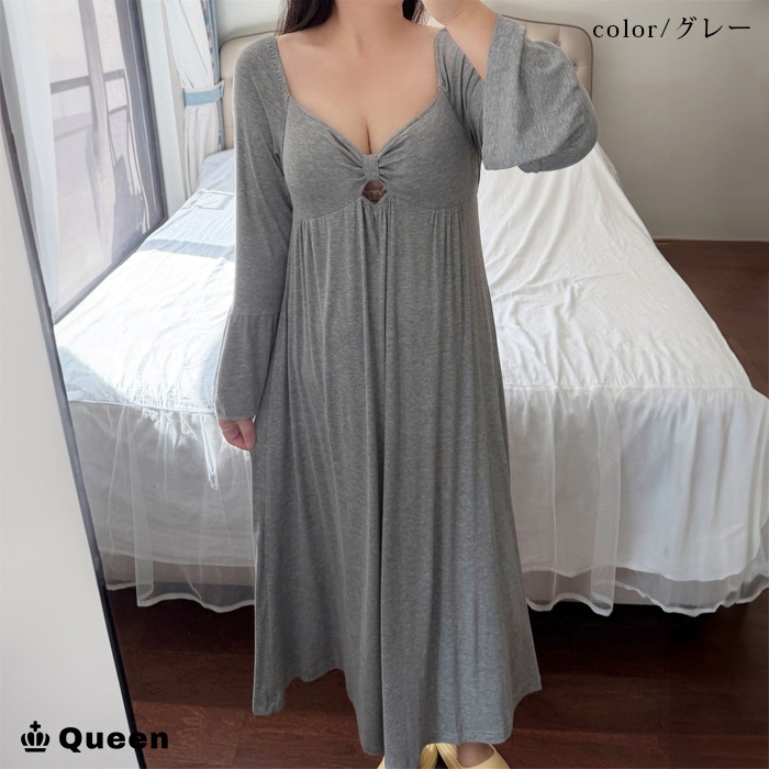 胸元リボンモチーフルームワンピース 大きいサイズ レディース Queen (h1559）