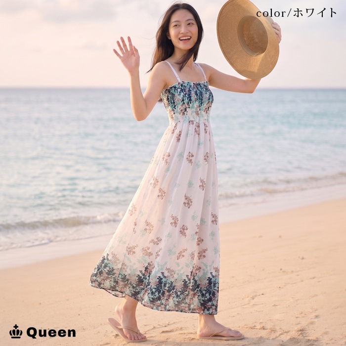 花柄シャーリングキャミマキシワンピース/ホワイト (c0015w）