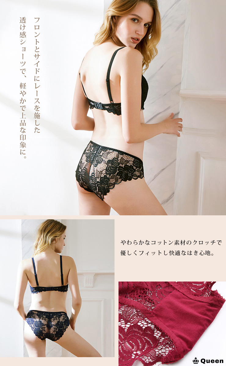 大輪フラワー刺繍レース透けブラショーツセット (b028)