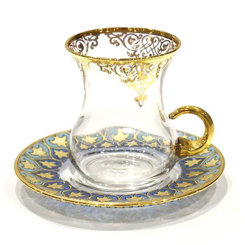 訳あり値引き品 トルコ製チャイグラス Cb 236 ゴールドxブルーアラベスク クリア １客 大サイズハンドル付 キッチン テーブルウェア ガラスの器 チャイグラス C S 輸入雑貨 カランフィル 旧店名 トプカプ