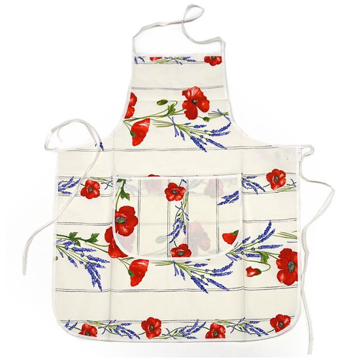 南仏プロヴァンス製　コットンエプロン　ポピー柄　ホワイト　FAP-CQLC-WT