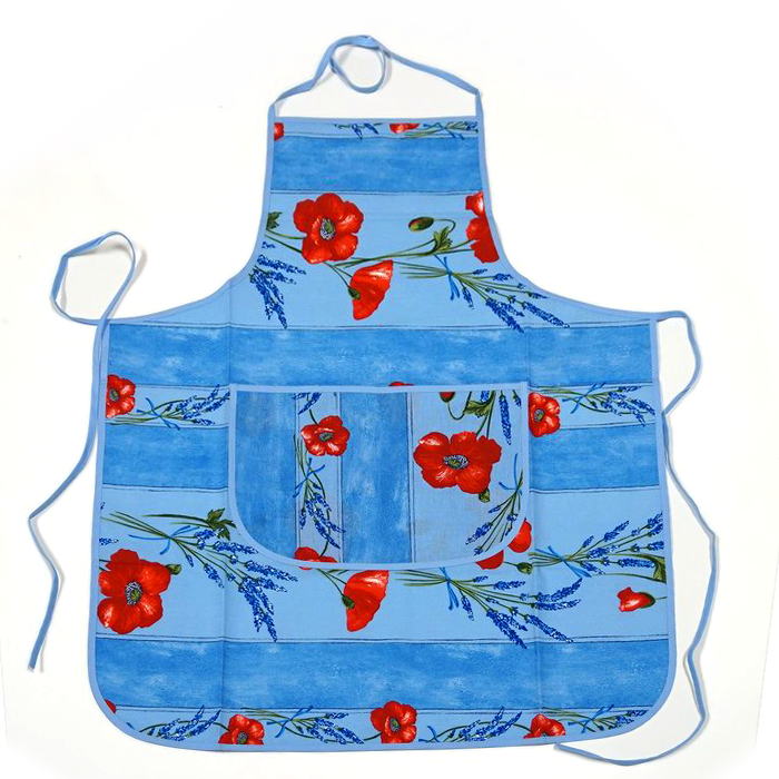 南仏プロヴァンス製　コットンエプロン　ポピー柄　ブルー　FAP-CQLC-LB
