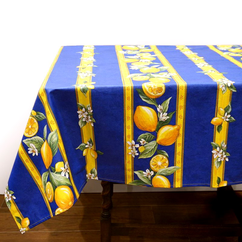 フランス製 コットン撥水テーブルクロス☆シトロン/ブルー150x120cmサイズ F155120-CITR-BL