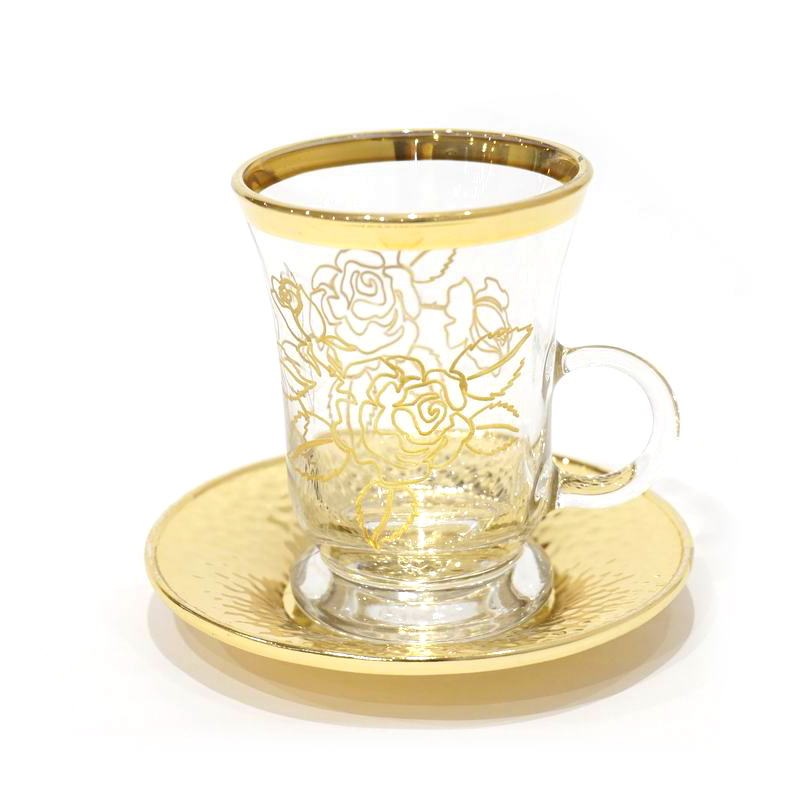 トルコ製チャイグラス CB-288 ギュル/ゴールド（１客） ハンドル付