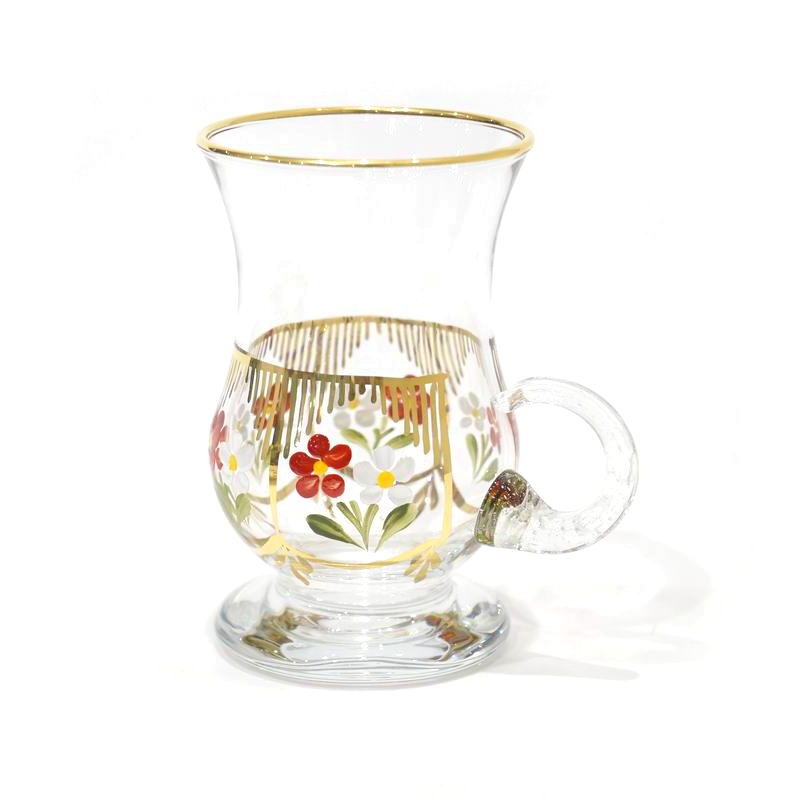 トルコ製手描きチャイグラス 取手付き Cb 290g チチェッキ ゴールド １客 キッチン テーブルウェア ガラスの器 チャイグラス C S 輸入雑貨 カランフィル 旧店名 トプカプ