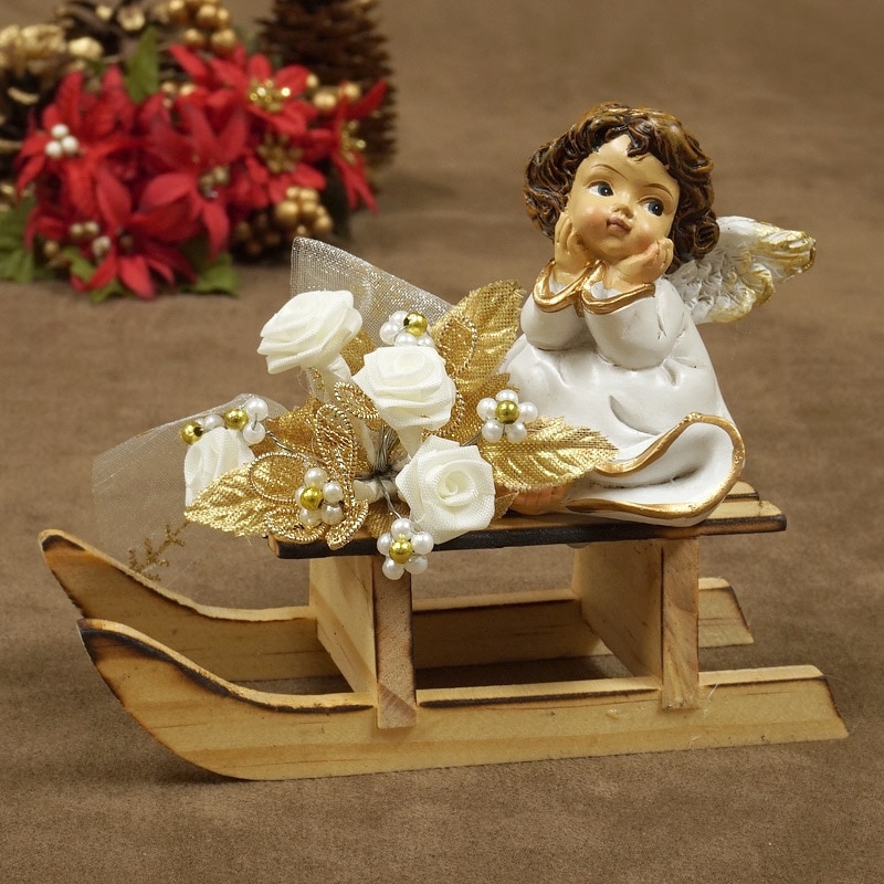 ザルツブルグのクリスマス飾り　そり(ホワイトローズ)　天使/ほおづえ　RSP-AGL-SLEI-S2