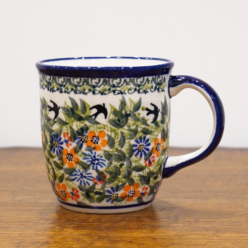 ポーランド陶器　ポーリッシュポタリー 「ボレスワヴィエツ」 マグカップ大（約360cc）　GU1105-DU182　ツバメ柄
