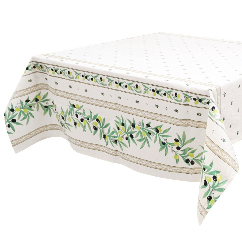 フランス製 コットン撥水テーブルクロス☆オリーブ柄/ホワイト 150x120cmサイズ F155120-RMTL-WT
