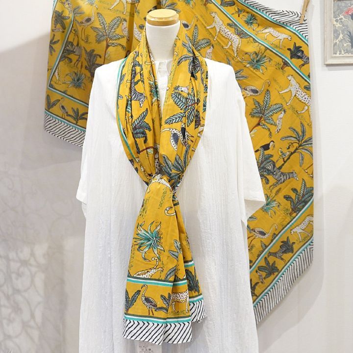 ブロックプリントコットンストール（マルチクロス） ジャングル/イエロー　IBP-SCF-JGLYL