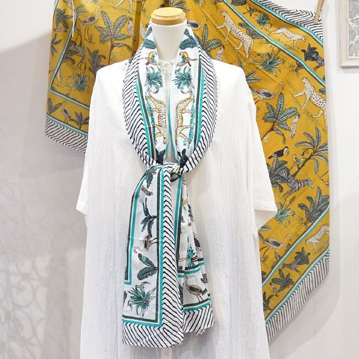 ブロックプリントコットンストール（マルチクロス） ジャングル/ホワイト　IBP-SCF-JGLWT