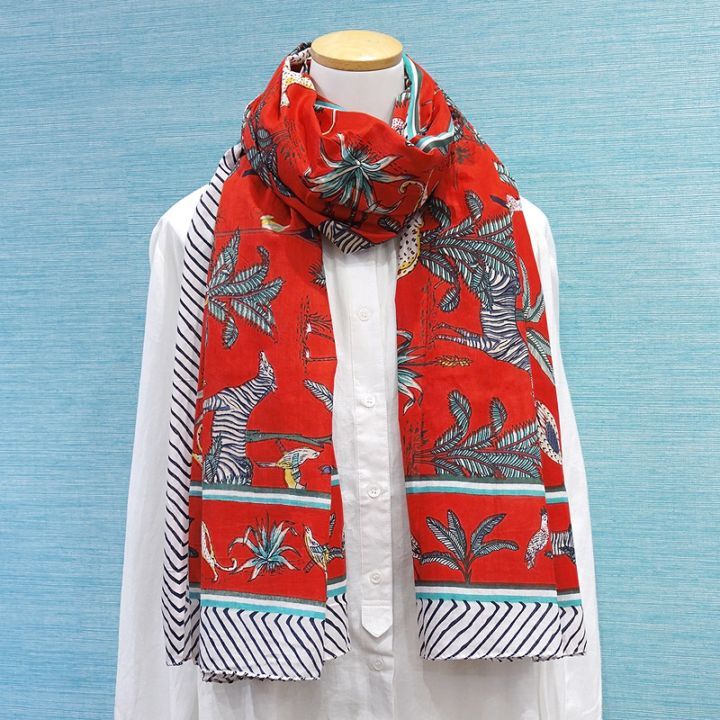 ブロックプリントコットンストール（マルチクロス） ジャングル/レッド　IBP-SCF-JGLRD