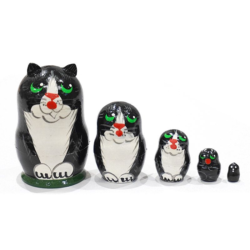 ロシア　ミニマトリョーシカ　ネコ/黒（5P）　MAT-168