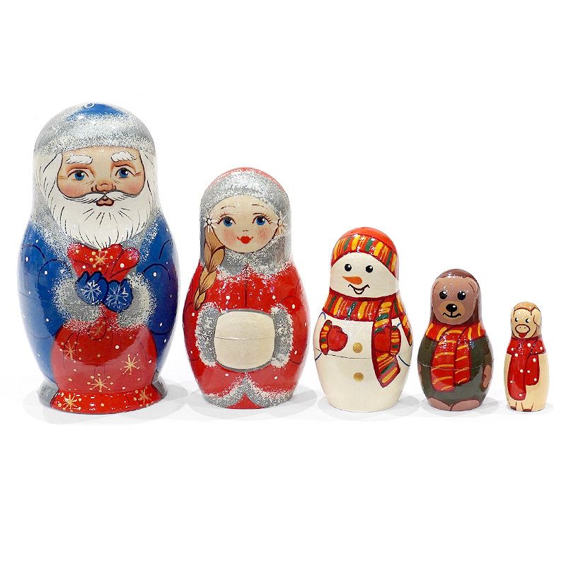 雑貨☆ウインターマトリョーシカ初雪5Pウサギ&リス&ウソ エレナ新作 ロシア キーロフの街のマトリョーシカ（5P） MAT-158 | インテリア雑貨